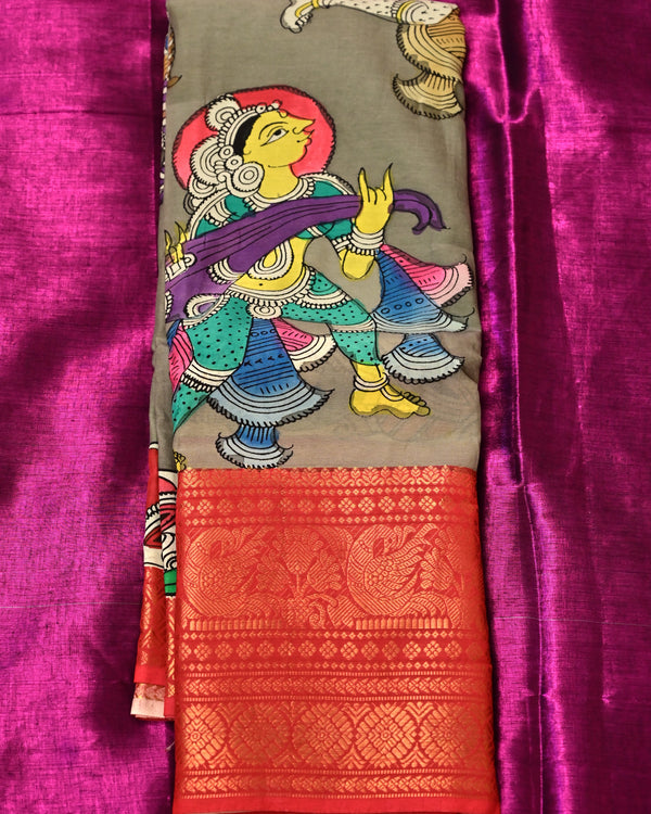 Nritya – Hand-Painted Pen Kalamkari Mangalagiri Silk Saree in Grey with Red Zari Border