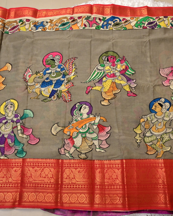 Nritya – Hand-Painted Pen Kalamkari Mangalagiri Silk Saree in Grey with Red Zari Border