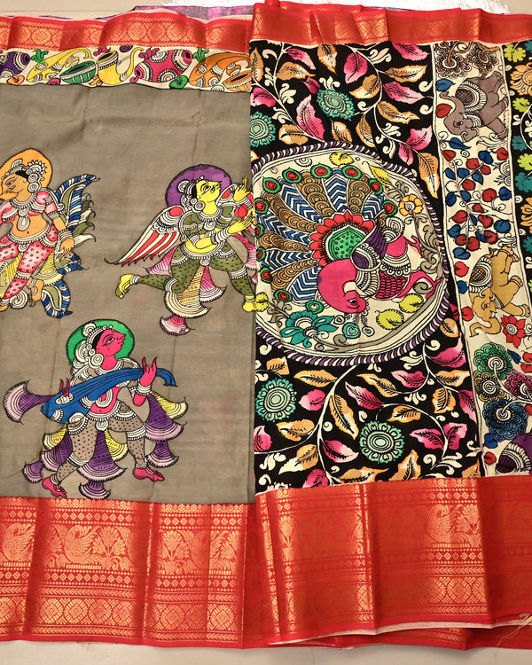 Nritya – Hand-Painted Pen Kalamkari Mangalagiri Silk Saree in Grey with Red Zari Border