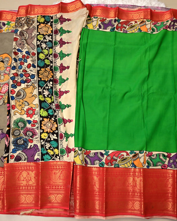 Nritya – Hand-Painted Pen Kalamkari Mangalagiri Silk Saree in Grey with Red Zari Border