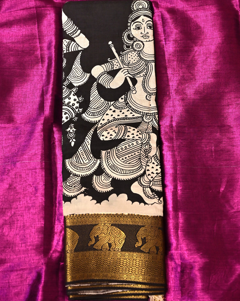 Narthaki – Pure Bangalore Silk Pen Kalamkari Saree in Black & Ivory with Gold Zari Elephant Border