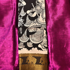 Narthaki – Pure Bangalore Silk Pen Kalamkari Saree in Black & Ivory with Gold Zari Elephant Border