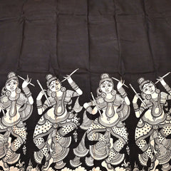 Narthaki – Pure Bangalore Silk Pen Kalamkari Saree in Black & Ivory with Gold Zari Elephant Border