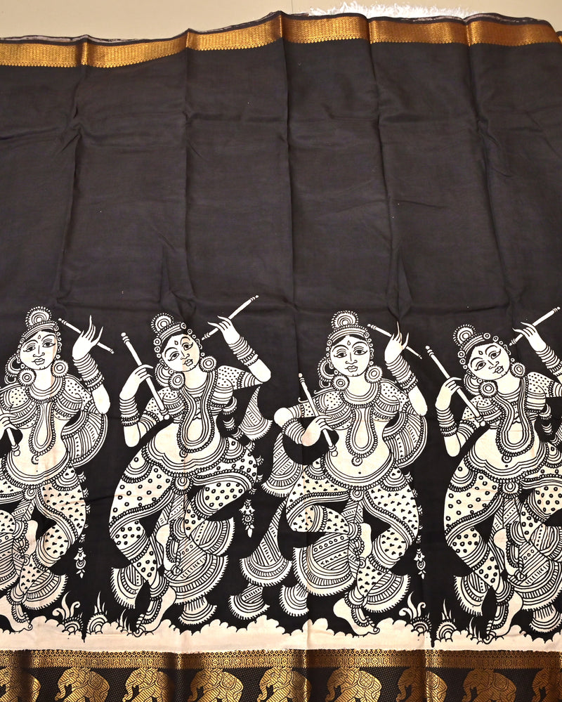 Narthaki – Pure Bangalore Silk Pen Kalamkari Saree in Black & Ivory with Gold Zari Elephant Border