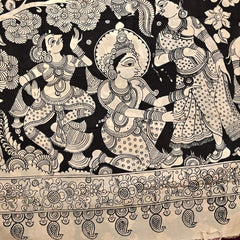 Narthaki – Pure Bangalore Silk Pen Kalamkari Saree in Black & Ivory with Gold Zari Elephant Border