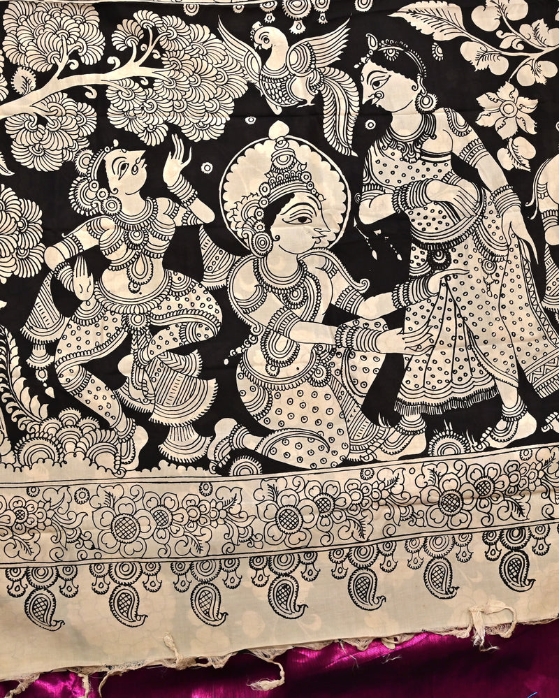 Narthaki – Pure Bangalore Silk Pen Kalamkari Saree in Black & Ivory with Gold Zari Elephant Border