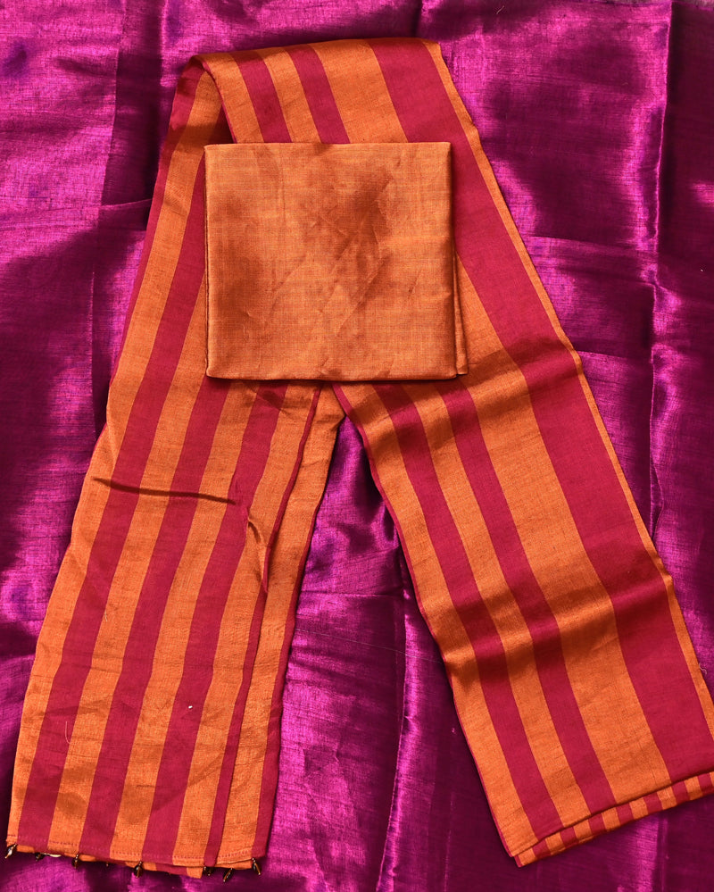 Amara – Pure Tissue Saree in Copper Orange with Rani Pink Stripes
