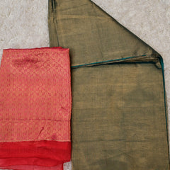 Hamsini – Pure Tissue Saree in Olive Green with Red Kota Blouse