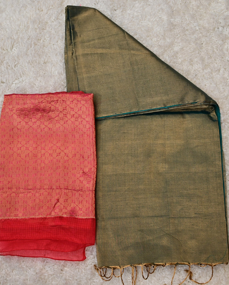 Hamsini – Pure Tissue Saree in Olive Green with Red Kota Blouse