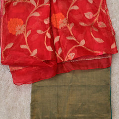 Hamsini – Pure Tissue Saree in Olive Green with Red Kota Blouse