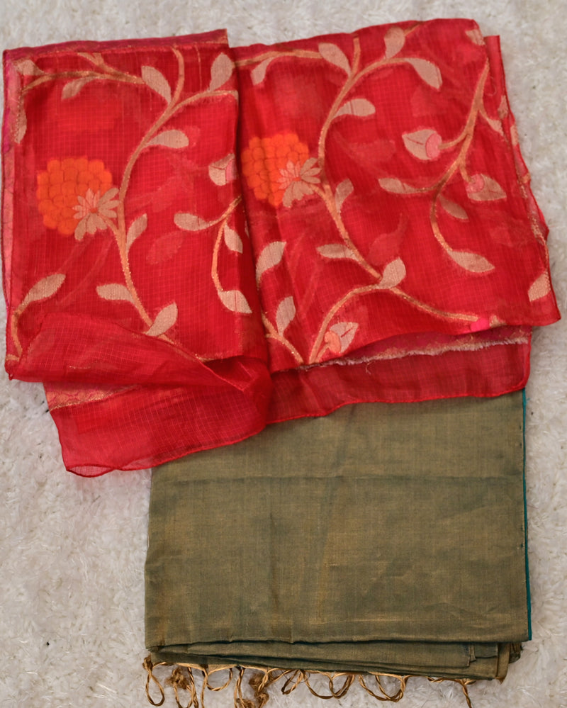 Hamsini – Pure Tissue Saree in Olive Green with Red Kota Blouse