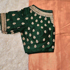Aaravinda– Peach Pure Tissue Saree with Emerald Green Embroidered Blouse (Size 36)