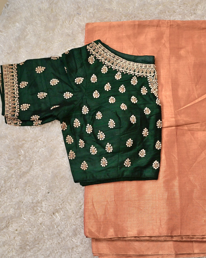 Aaravinda– Peach Pure Tissue Saree with Emerald Green Embroidered Blouse (Size 36)