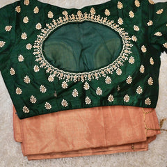 Aaravinda– Peach Pure Tissue Saree with Emerald Green Embroidered Blouse (Size 36)