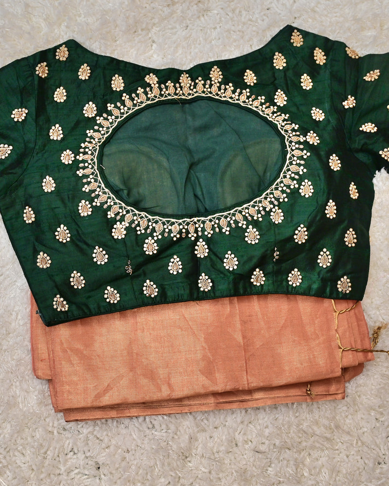 Aaravinda– Peach Pure Tissue Saree with Emerald Green Embroidered Blouse (Size 36)