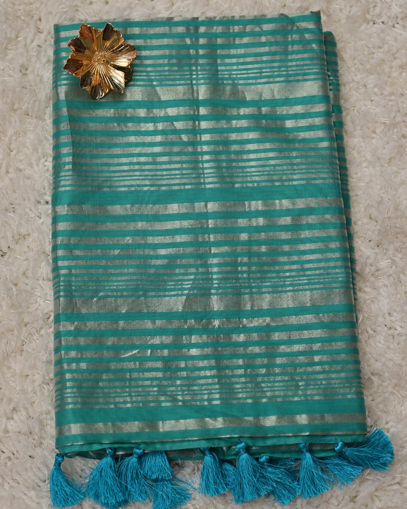 Narangi – Pure Chanderi Silk Saree with Tissue Stripes in Teal