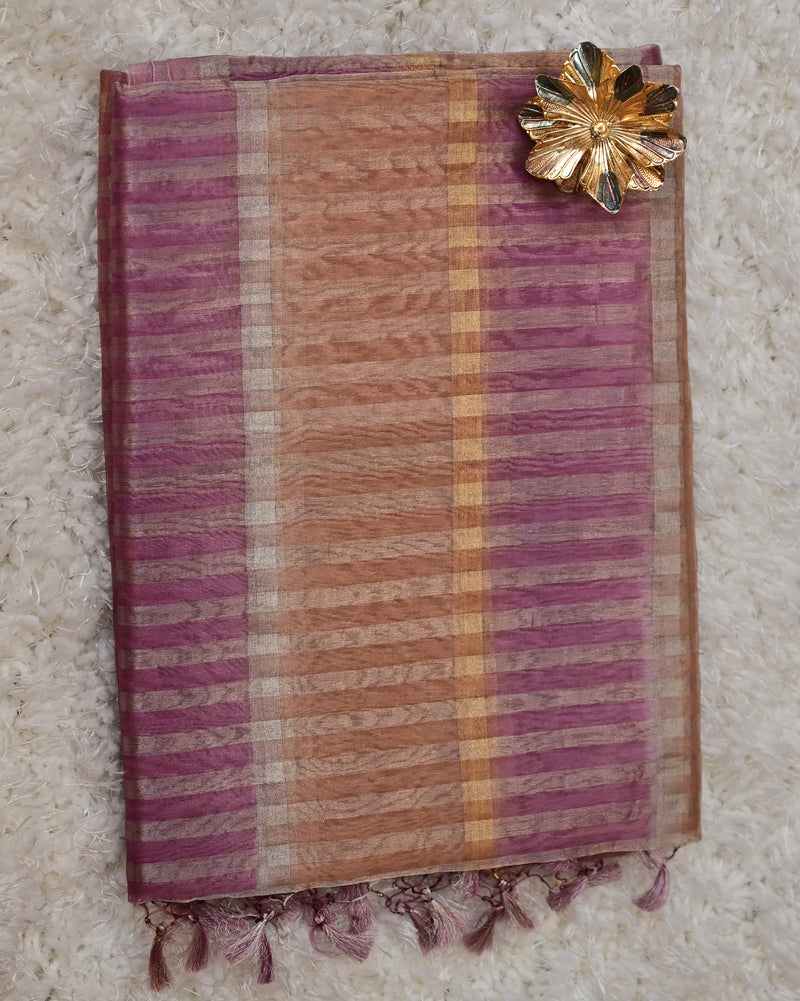 Aasmitha – Pure Chanderi Silk Saree in Mauve and Copper Stripes