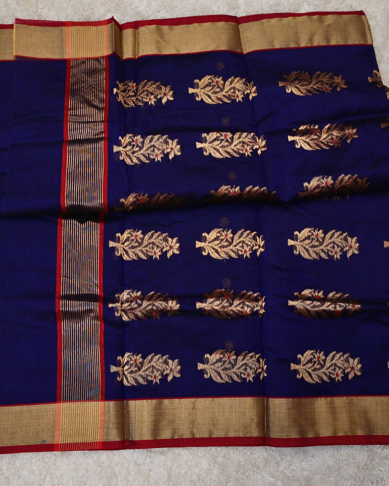 Neelaveni – Pure Chanderi Silk Saree in Royal Blue with Red Border