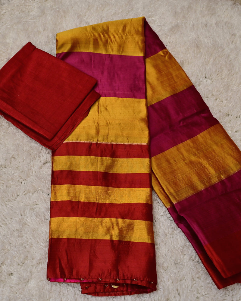 Prarthana – Pure Chanderi Silk Saree in Red, Gold, and Rani Stripes