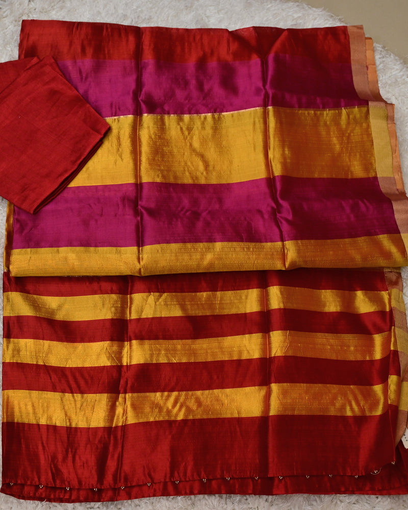 Prarthana – Pure Chanderi Silk Saree in Red, Gold, and Rani Stripes