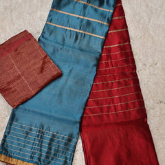 Aruna – Pure Chanderi Silk Saree in Red and Teal Blue