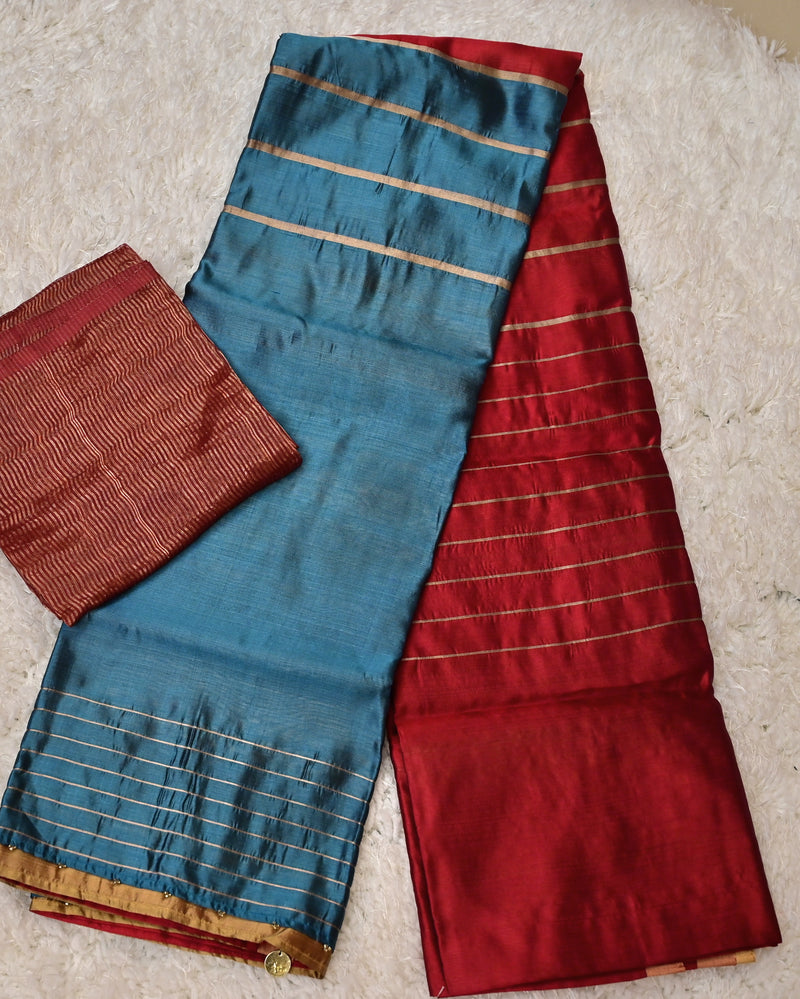 Aruna – Pure Chanderi Silk Saree in Red and Teal Blue