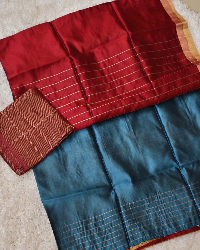 Aruna – Pure Chanderi Silk Saree in Red and Teal Blue