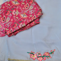 Anaya – Chiffon Saree in Powder Blue with Embroidered Pink Blouse