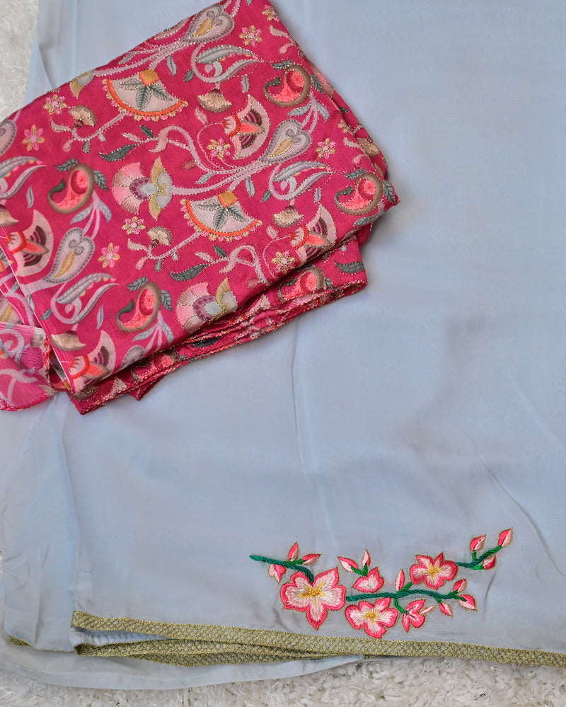 Anaya – Chiffon Saree in Powder Blue with Embroidered Pink Blouse