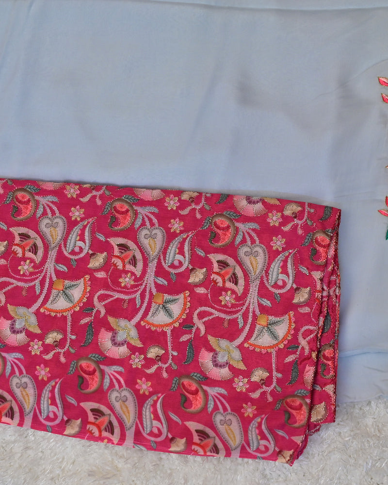 Anaya – Chiffon Saree in Powder Blue with Embroidered Pink Blouse