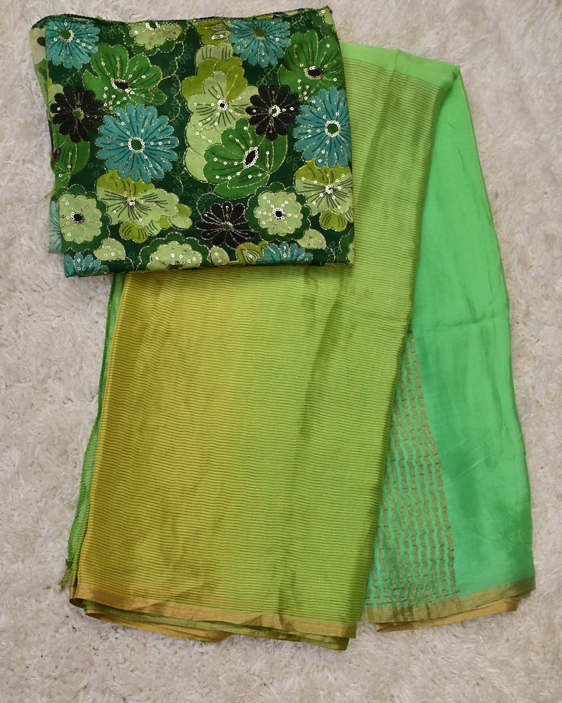 Samara – Pure Chiffon Saree in Yellow-Green with Embroidered Green Blouse