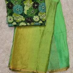 Samara – Pure Chiffon Saree in Yellow-Green with Embroidered Green Blouse