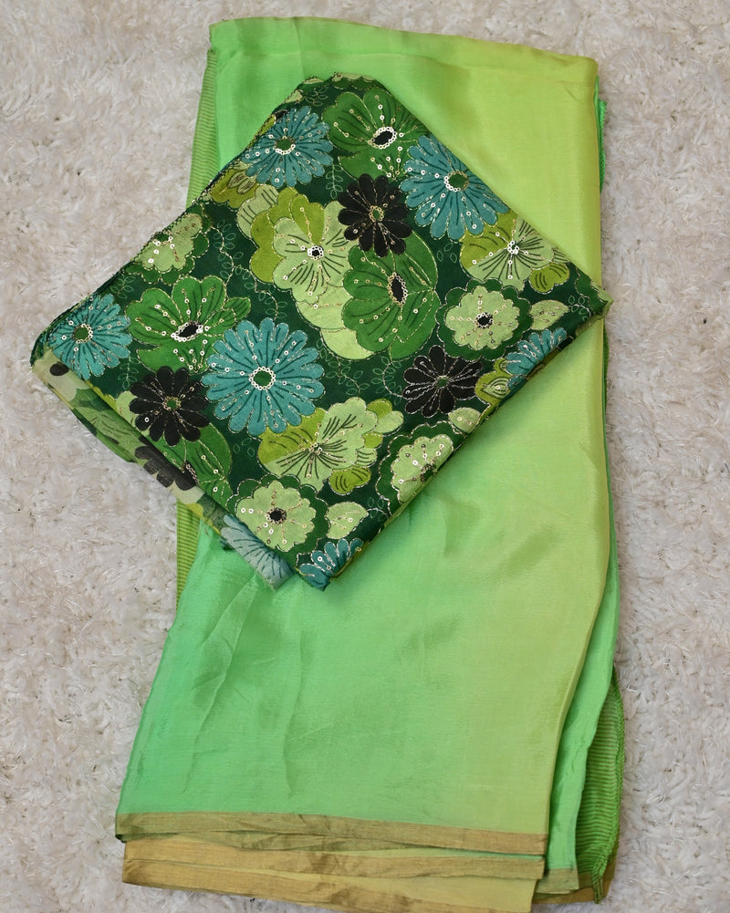 Samara – Pure Chiffon Saree in Yellow-Green with Embroidered Green Blouse