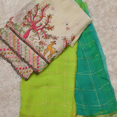 Suvi– Green Shaded Pure Chiffon Saree with Embroidered Tissue Blouse