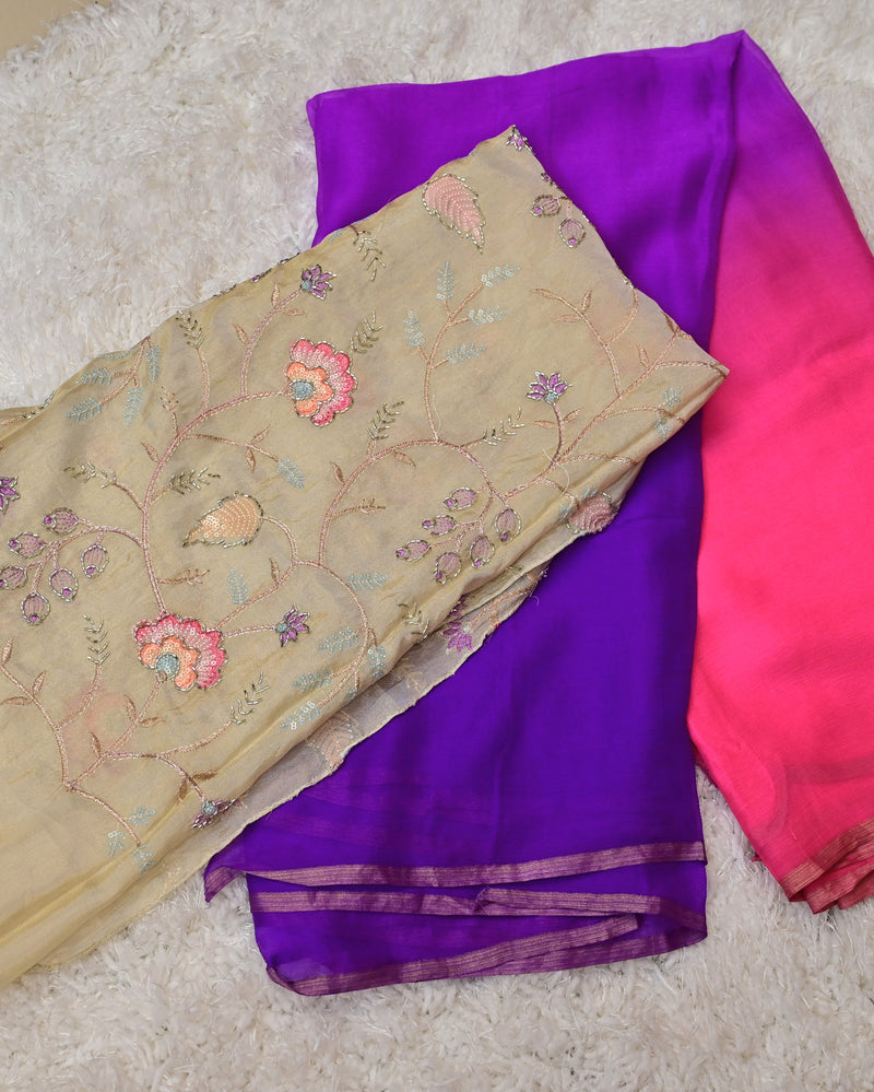 Kanira – Pure Chiffon Saree in Purple & Pink with Embroidered Blouse