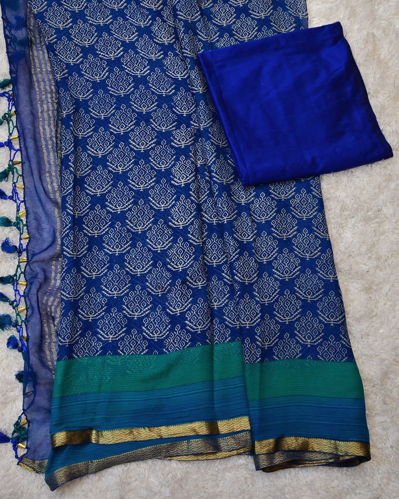 Neel Tara – Pure Chiffon Saree in Royal Blue with Raw Silk Blouse