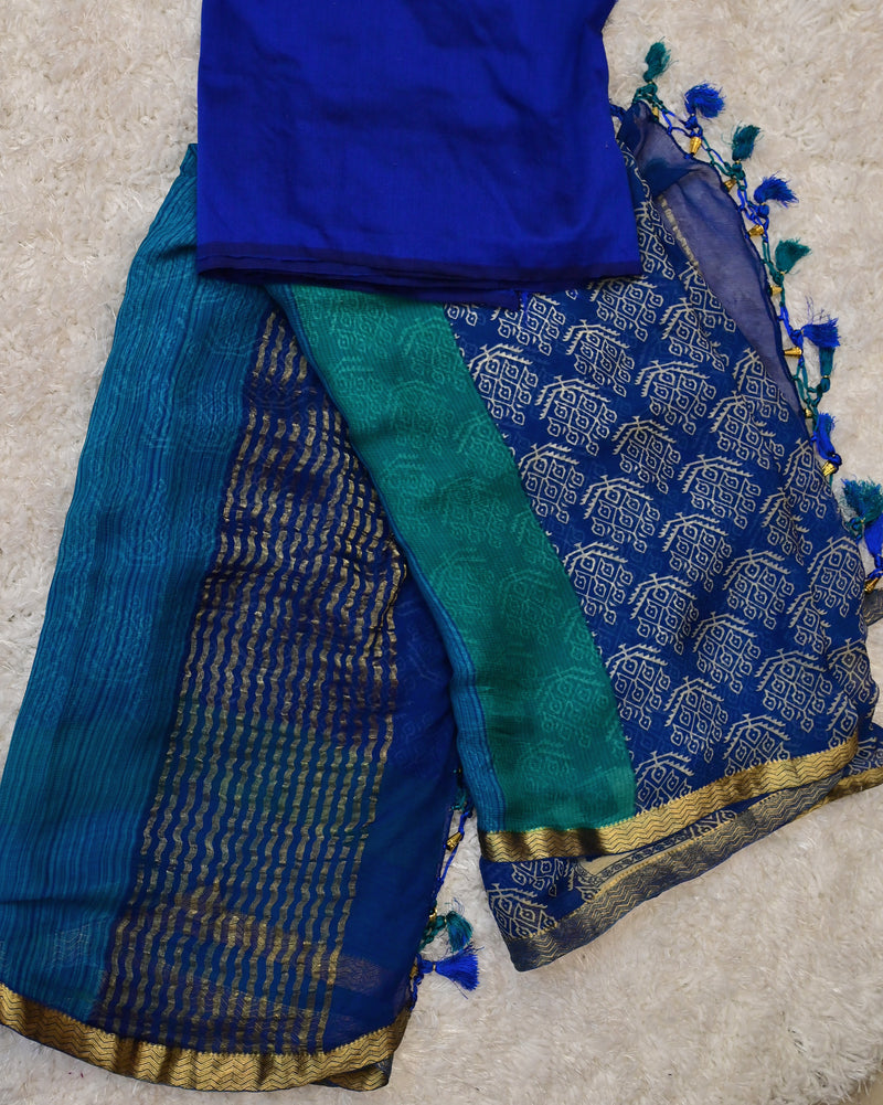 Neel Tara – Pure Chiffon Saree in Royal Blue with Raw Silk Blouse