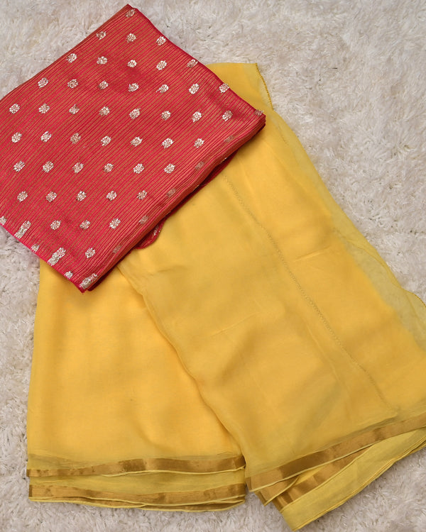 Kanaka Pushpa – Pure Chiffon Saree in Sunshine Yellow with Pink Brocade Blouse