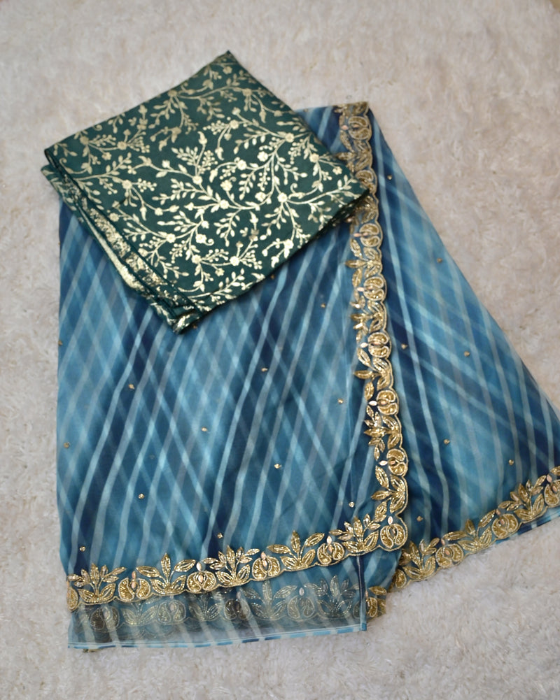Reyi-Pure Organza Saree in Blue with Banarasi Blouse