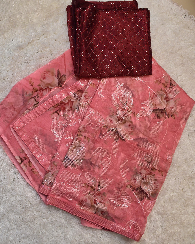 Ruhaani – Pure Organza Saree in Rose Pink with Wine Blouse