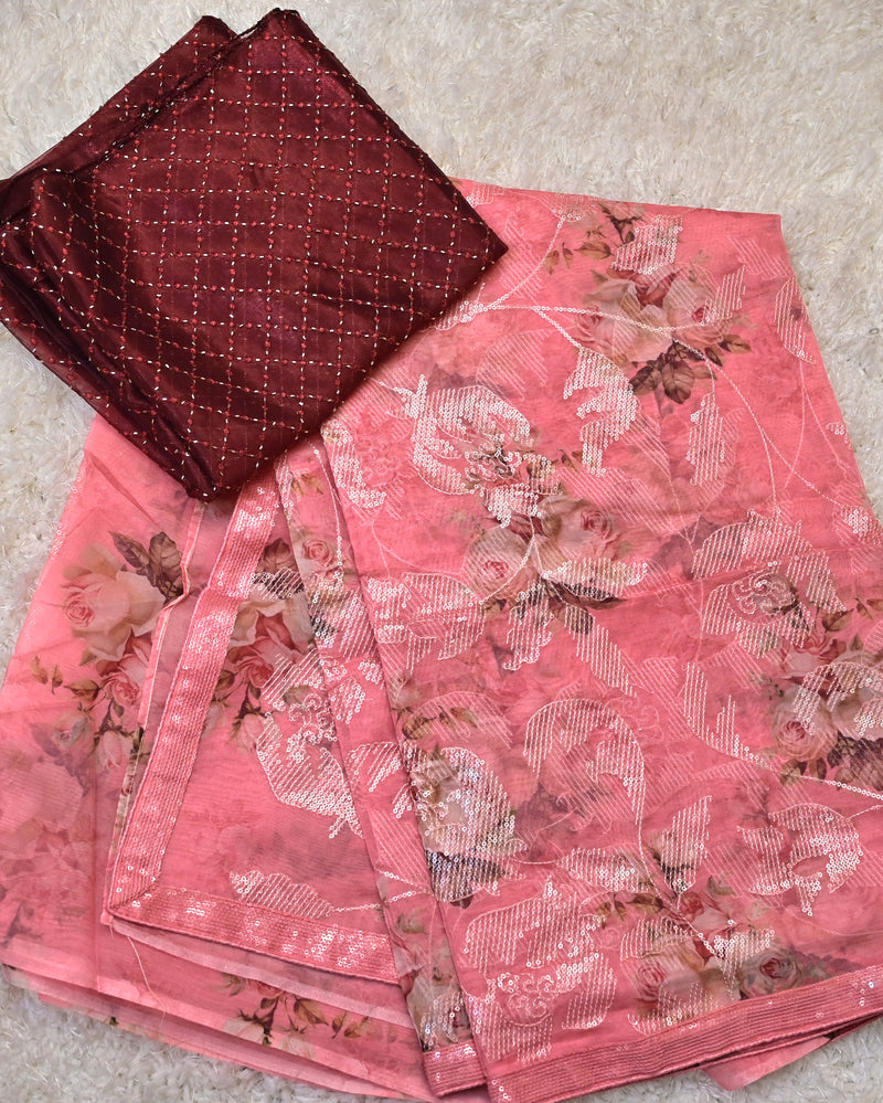 Ruhaani – Pure Organza Saree in Rose Pink with Wine Blouse