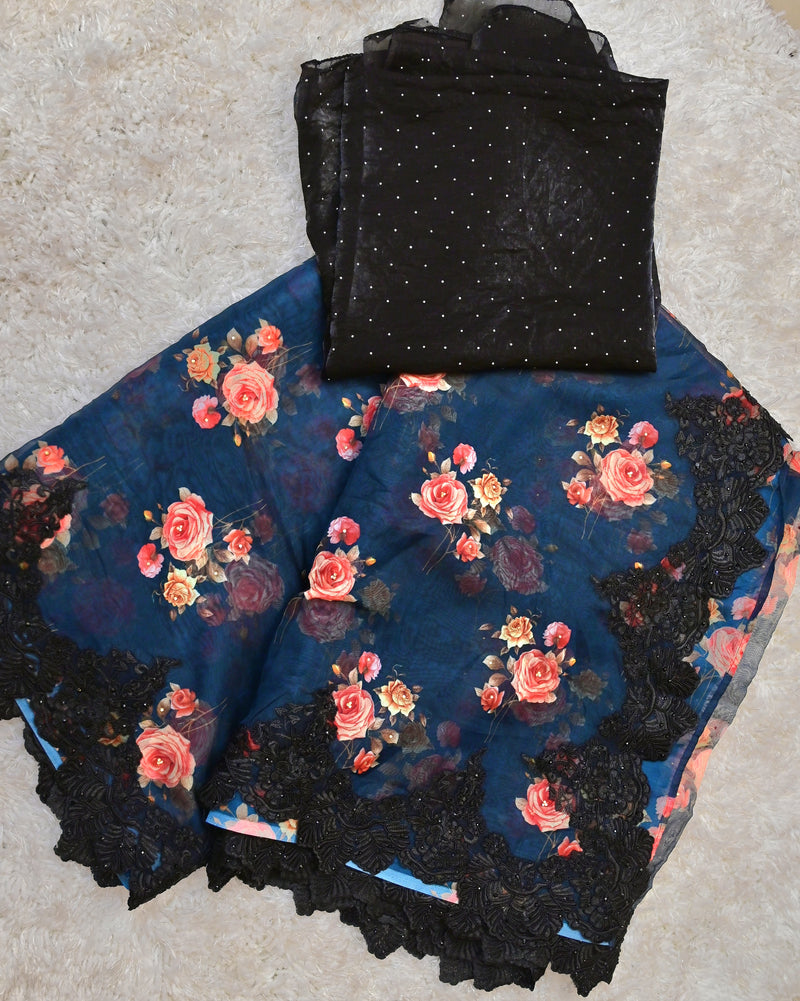 Nayantara – Pure Organza Saree in Midnight Blue with Space Silk Blouse