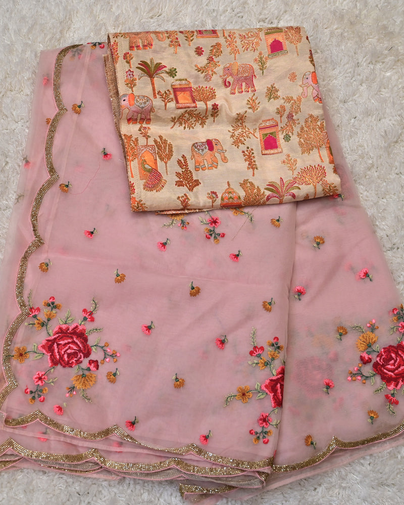 Anubhuti-Embroidered Organza Saree in Soft Pink with Statement Blouse
