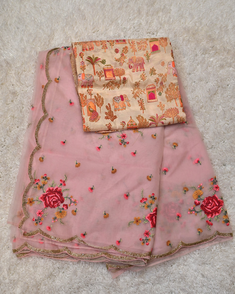 Anubhuti-Embroidered Organza Saree in Soft Pink with Statement Blouse