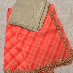 Pravsu – Pure Organza Saree in Coral Checks with Embroidered Blouse