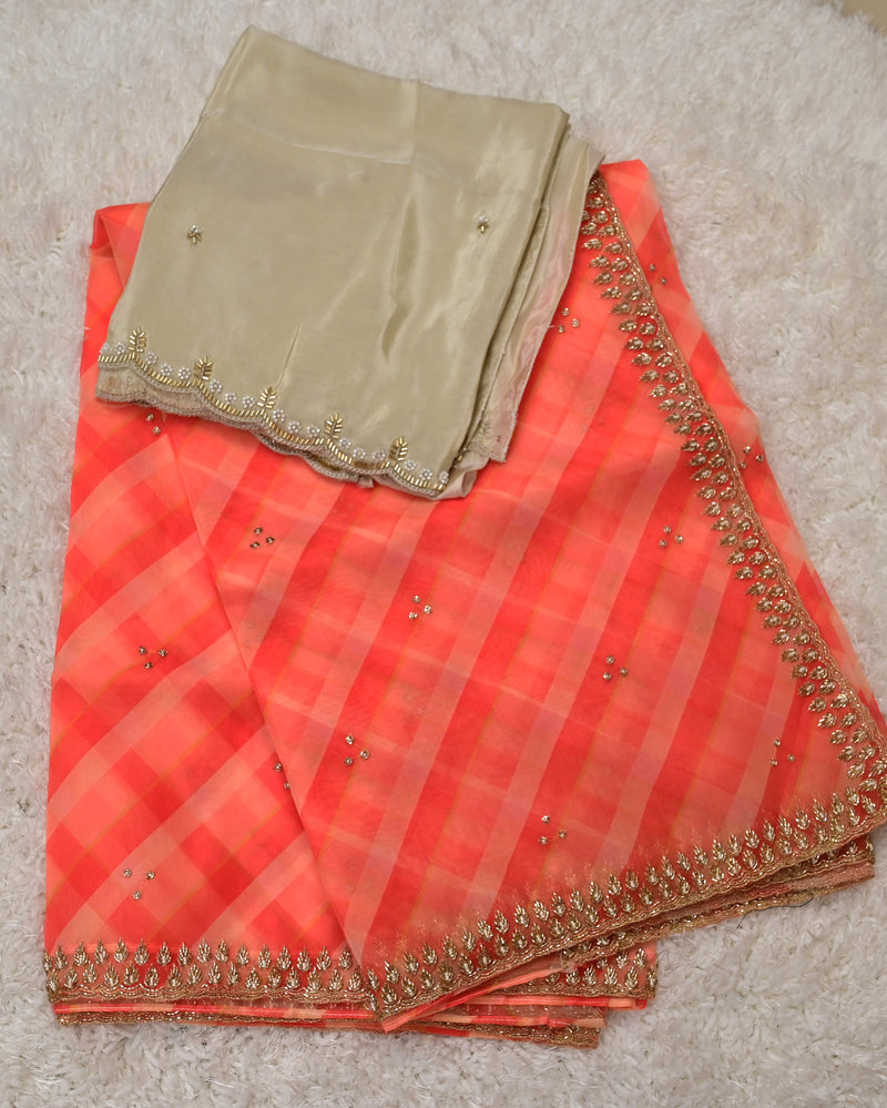 Pravsu – Pure Organza Saree in Coral Checks with Embroidered Blouse