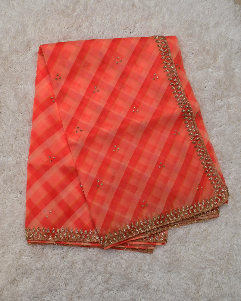 Pravsu – Pure Organza Saree in Coral Checks with Embroidered Blouse