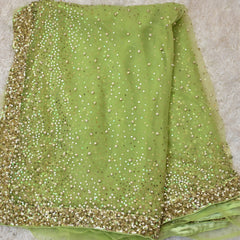 Prisha – Lime Green Net Saree with Gold Full-Sleeve Blouse