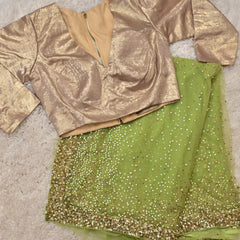 Prisha – Lime Green Net Saree with Gold Full-Sleeve Blouse