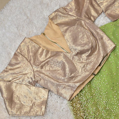 Prisha – Lime Green Net Saree with Gold Full-Sleeve Blouse